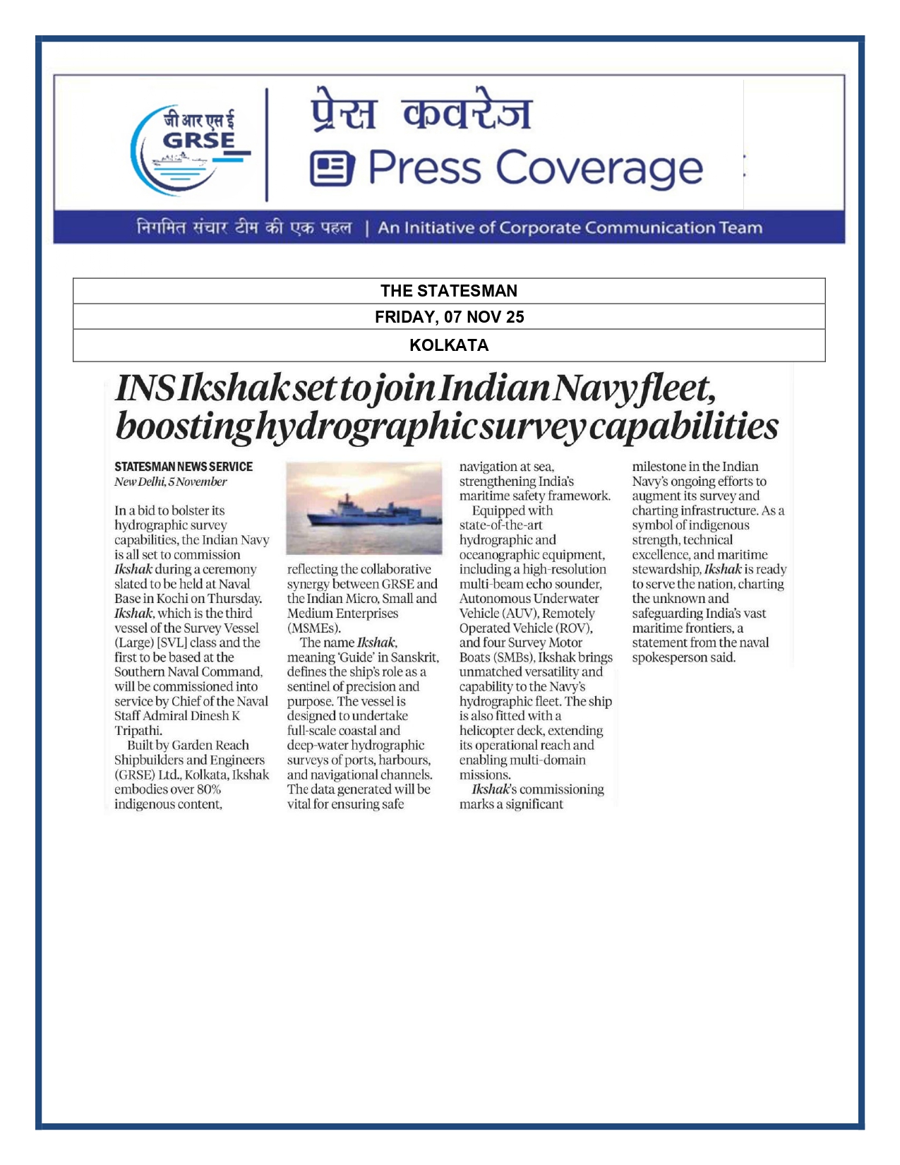   Press Coverage: 07 Nov 25: MILLENNIUM POST   